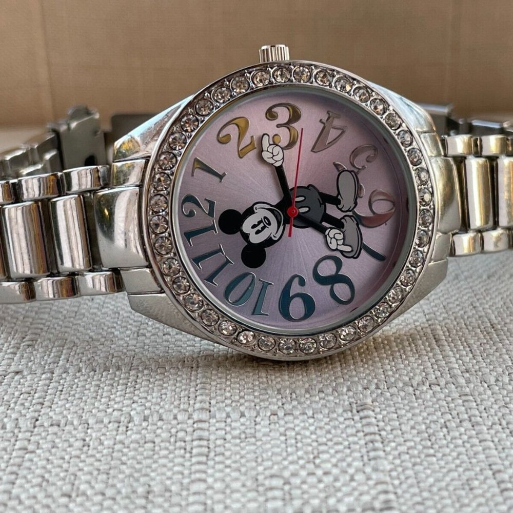 Disney Accutime Women Wristwatch Silver Tone Pink Face Quartz Watch - Picture 10 of 12